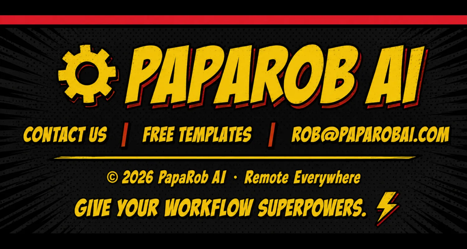 PapaRob AI — Contact Us, Free Templates, rob@paparobai.com — © 2026 PapaRob AI · Remote Everywhere · Give your workflow superpowers.