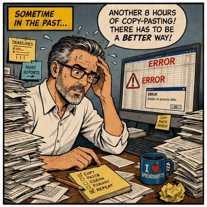 Sometime in the past — PapaRob at a chaotic desk buried in papers and errors. Speech bubble: Another 8 hours of copy-pasting! There has to be a better way!