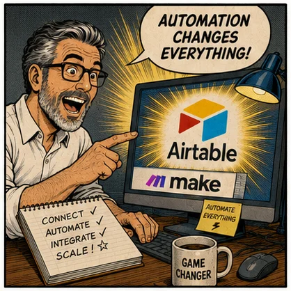 PapaRob points at Airtable and Make.com on screen — Automation changes everything!