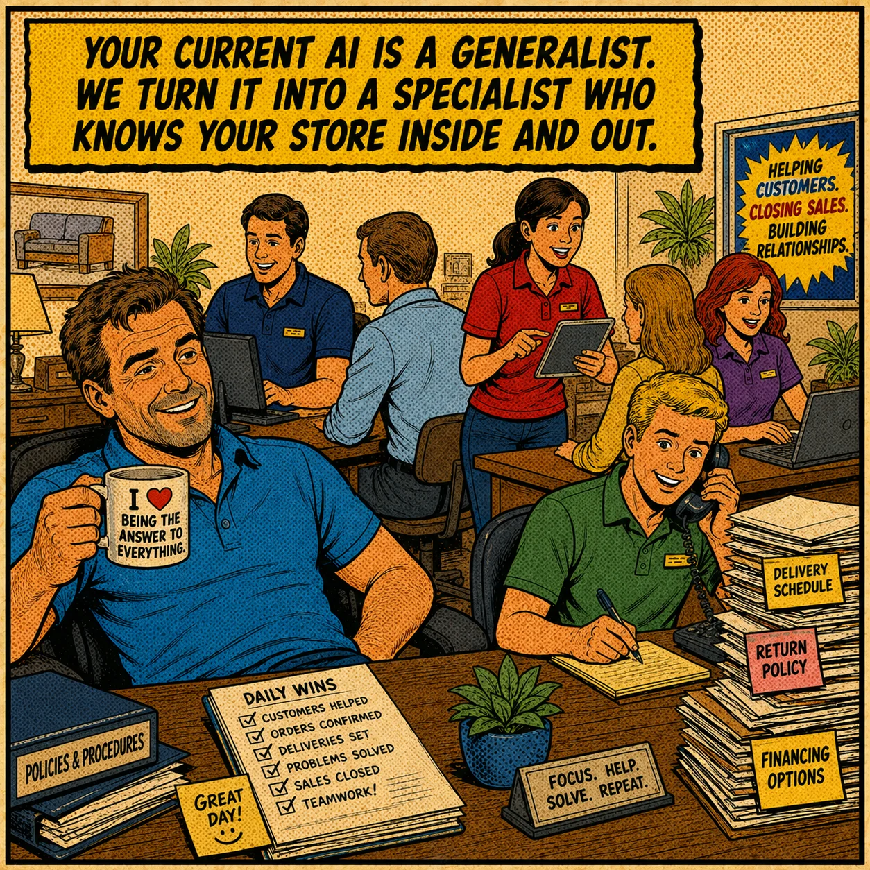 Same desk, same staff — but now the line is gone. One on a computer, one on an iPad, one on a phone, each confidently helping a customer. Your current AI is a generalist. We turn it into a specialist who knows your store inside and out.