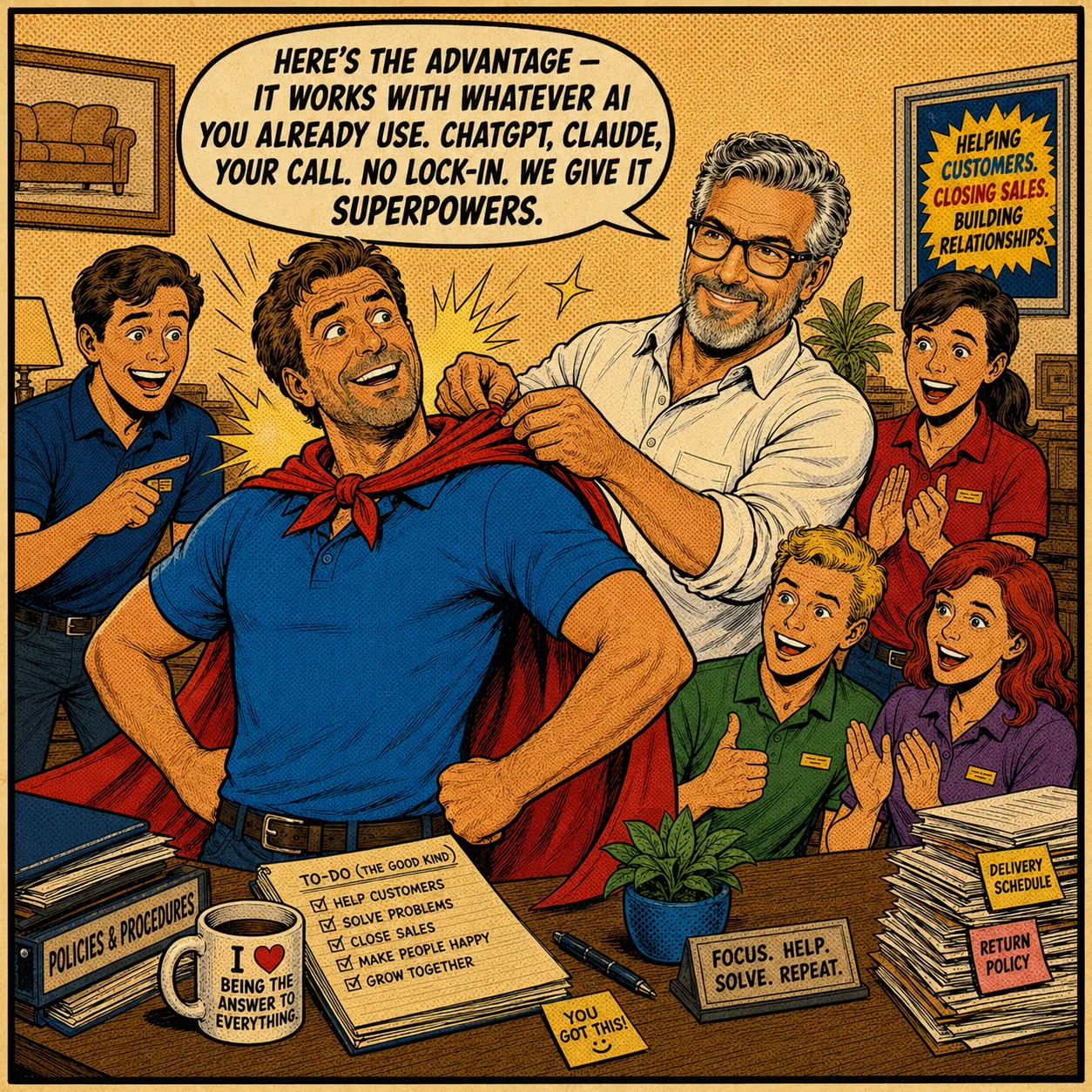 PapaRob ties a cape onto the store owner while staff cheer — Here's the advantage, it works with whatever AI you already use, ChatGPT, Claude, your call. No lock-in. We give it superpowers.
