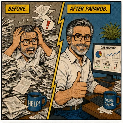 Before PapaRob: chaos. After PapaRob: clean dashboard and success.