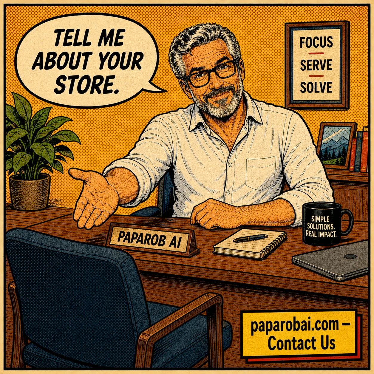 PapaRob gestures to an empty chair at his desk — Tell me about your store. paparobai.com Contact Us.