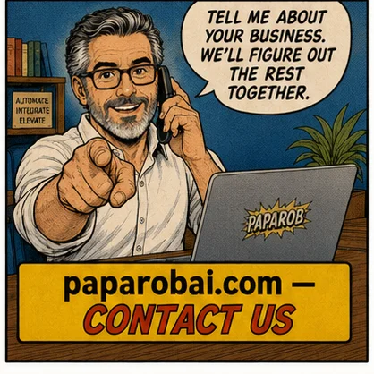 PapaRob on phone — Tell me about your business. paparobai.com — Contact Us