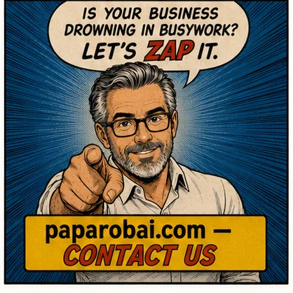 PapaRob points at viewer — Is your business drowning in busywork? Let's ZAP it. paparobai.com — Contact Us