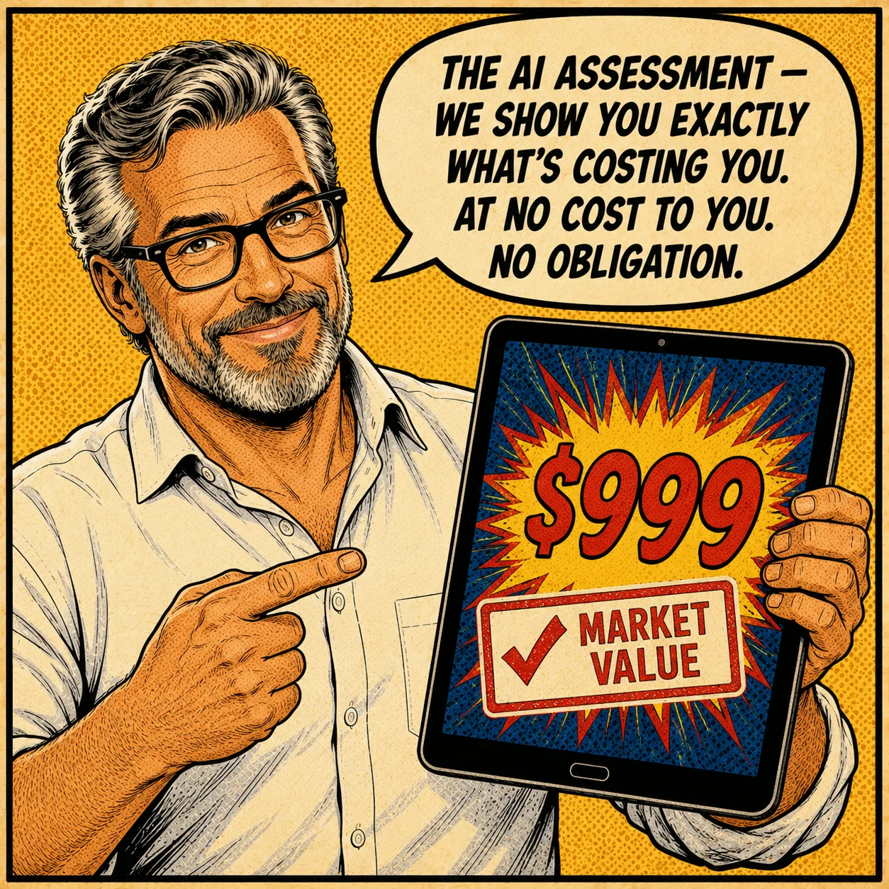 PapaRob holds a tablet showing a $999 market value stamp — The AI Assessment, included with every build at no extra charge.